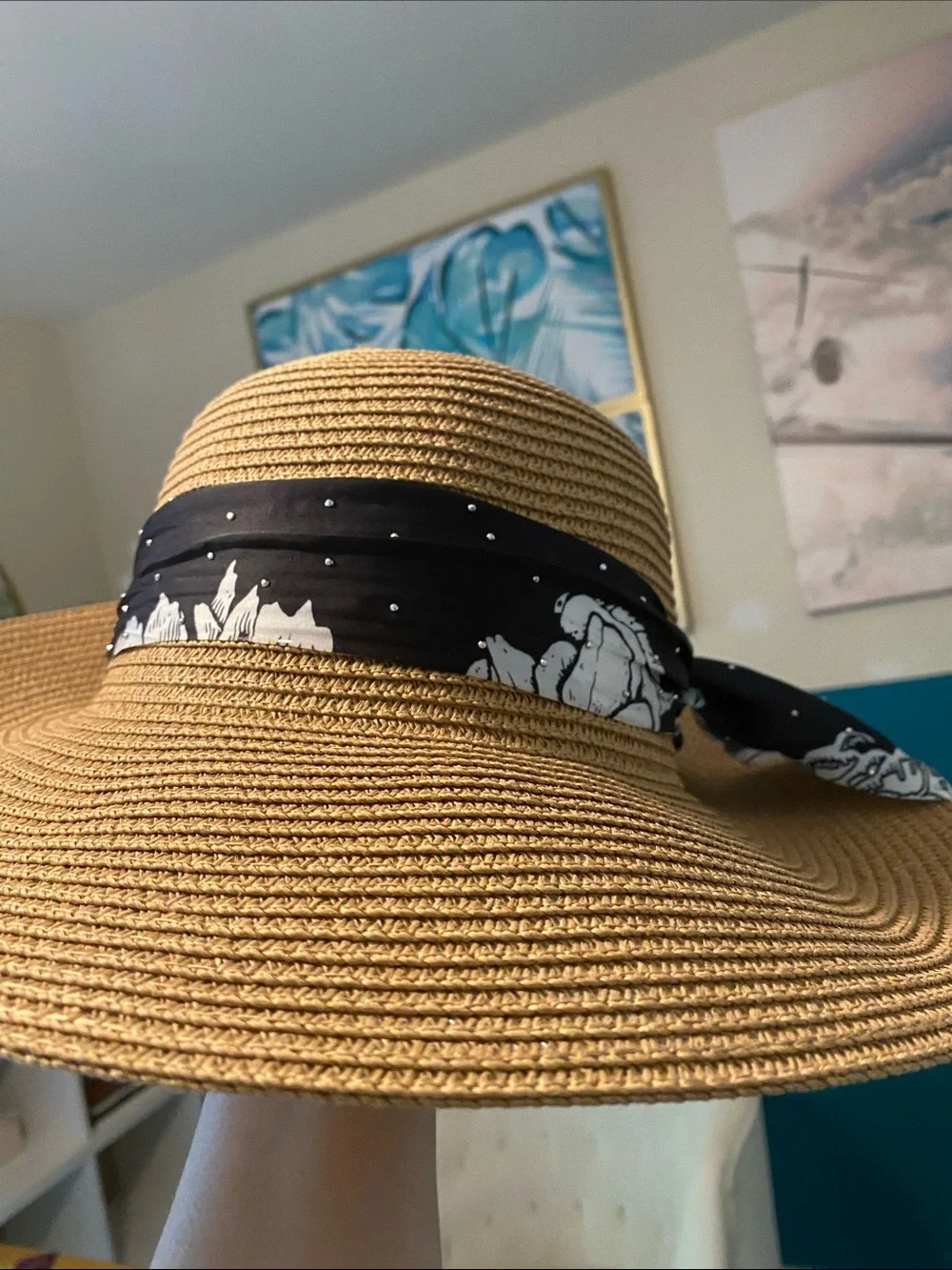 Jessica McClintock Tan Straw Wide-Brim Hat with Black Scarf Tie